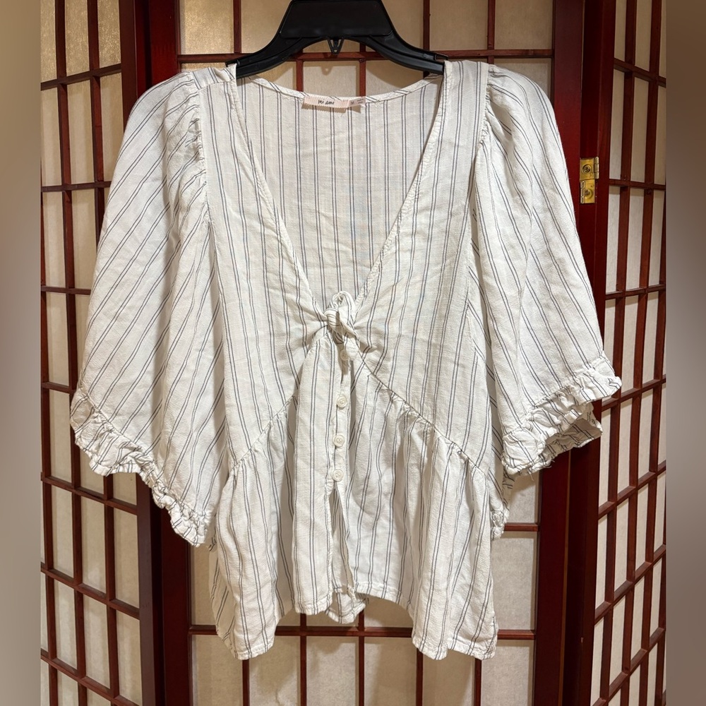 miami Cream Blouse with Navy Pinstripes and Tie Front